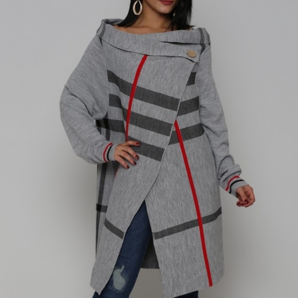 SALE Gray plaid single button cardigan - Picture 1 of 3